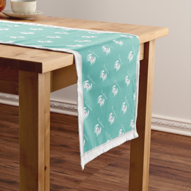 Monogrammed Teal Blue White Crab Nautical Short Ta Table Runner (In Situ)