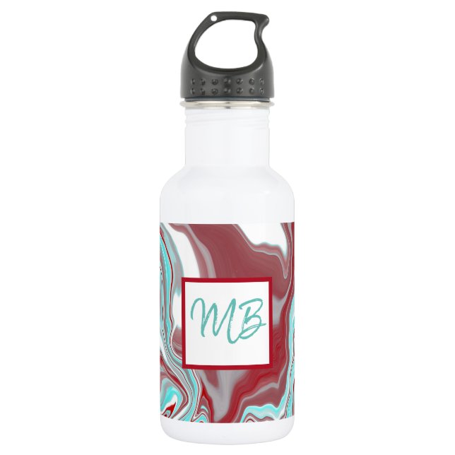 Monogrammed Teal, Burgundy, Red and White Marble   Stainless Steel Water Bottle (Front)