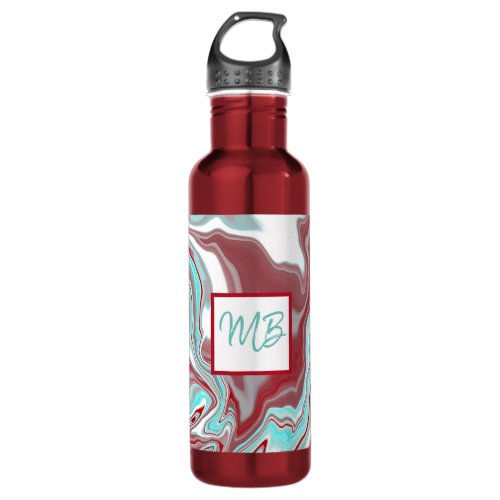 Monogrammed Teal Burgundy Red and White Marble   Stainless Steel Water Bottle