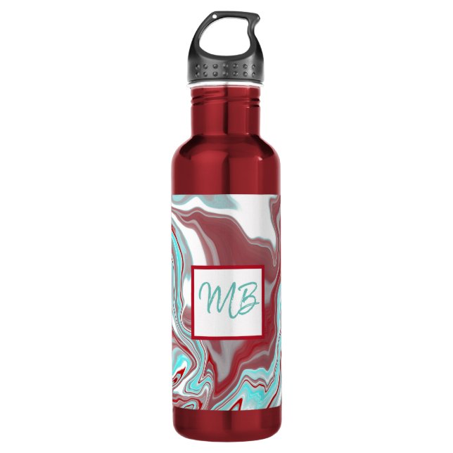 Monogrammed Teal, Burgundy, Red and White Marble   Stainless Steel Water Bottle (Front)