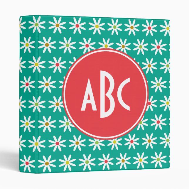 Monogrammed Teal Daisy Dots 3 Ring Binder (Front/Spine)