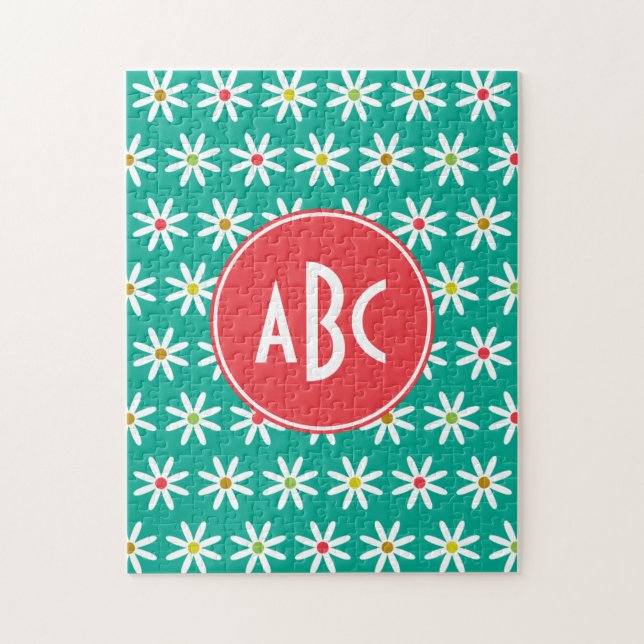 Monogrammed Teal Daisy Dots Jigsaw Puzzle (Vertical)