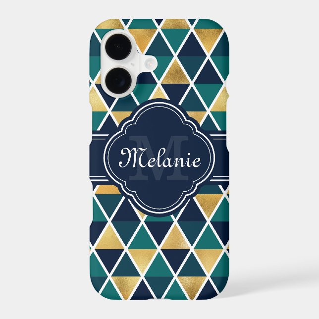 Monogrammed Teal Gold Geometric Triangle Pattern Iphone Case (Back)