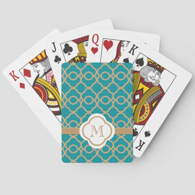 Monogrammed Teal Gold Moroccan Poker Cards (Back)