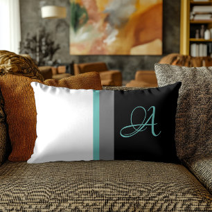 Monogrammed Teal Gray Black Striped Lumbar Pillow