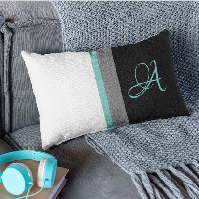 Monogrammed Teal Gray Black Striped Lumbar Pillow (Creator Uploaded)