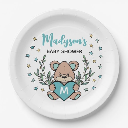 Monogrammed Teal Heart Bear Themed Baby Shower  Paper Plates