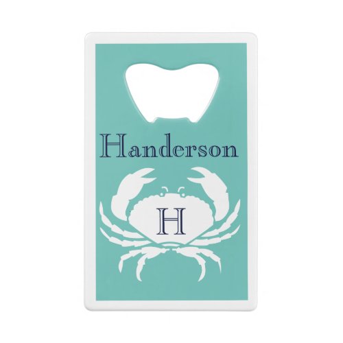 Monogrammed Teal Navy Blue White Crab Nautical  Credit Card Bottle Opener