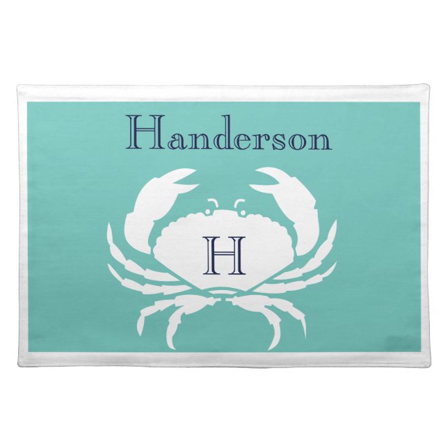 Monogrammed Teal Navy Blue White Crab Nautical  Pl Cloth Placemat (Front)