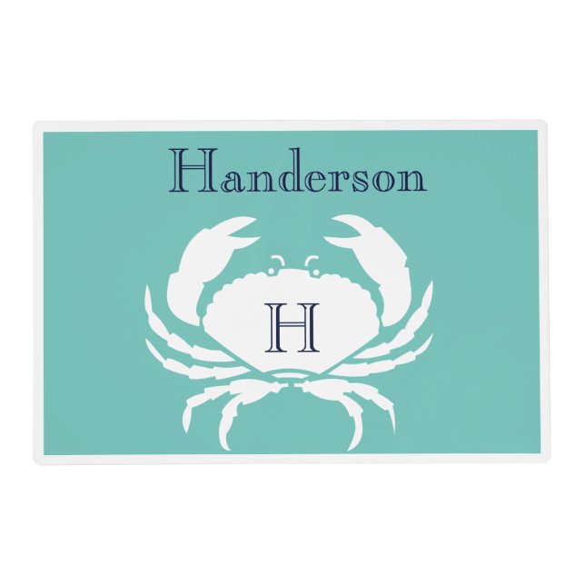 Monogrammed Teal Navy Blue White Crab Nautical  Placemat (Front)