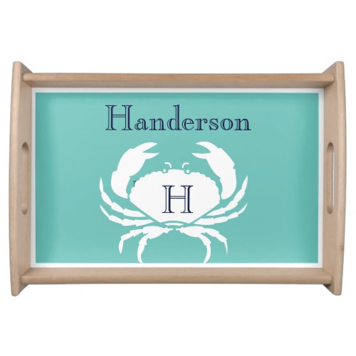Monogrammed Teal Navy Blue White Crab Nautical  Serving Tray