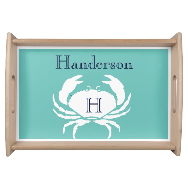 Monogrammed Teal Navy Blue White Crab Nautical  Serving Tray (Front)