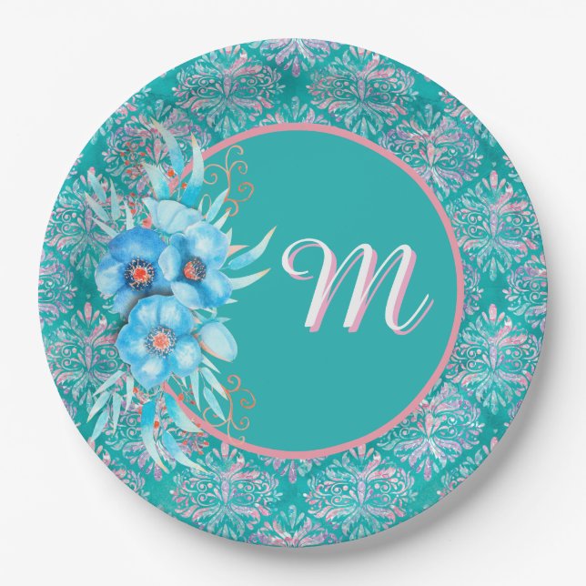 Monogrammed Teal Paper Plate (Front)