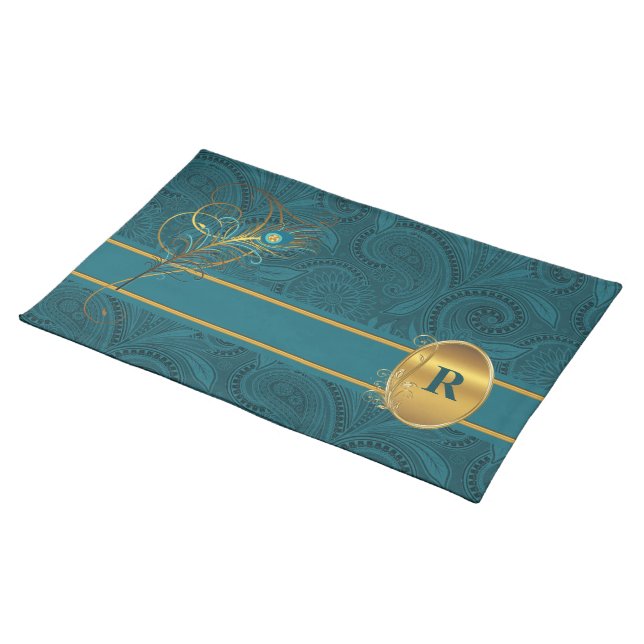 Monogrammed Teal Peacock with Gold Table Placemat (On Table)