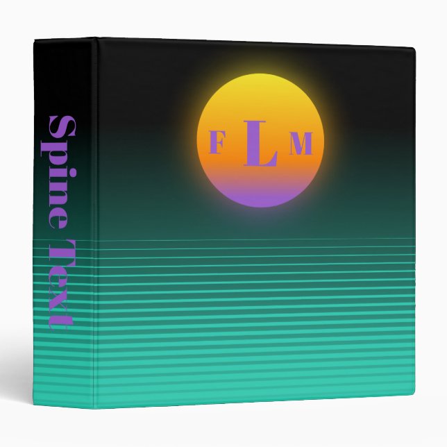 Monogrammed Teal Vaporwave Sunset 3 Ring Binder (Front/Spine)