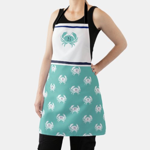 Monogrammed Teal White Navy Blue Crab Nautical  Apron