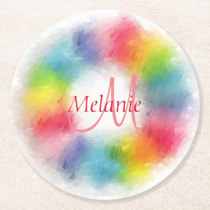Monogrammed Template Custom Modern Rainbow Round Paper Coaster