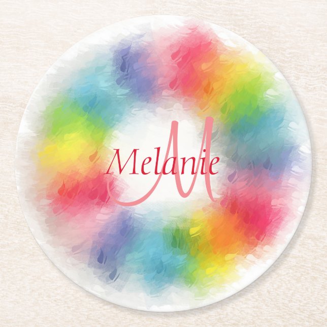 Monogrammed Template Custom Modern Rainbow Round Paper Coaster (Front)