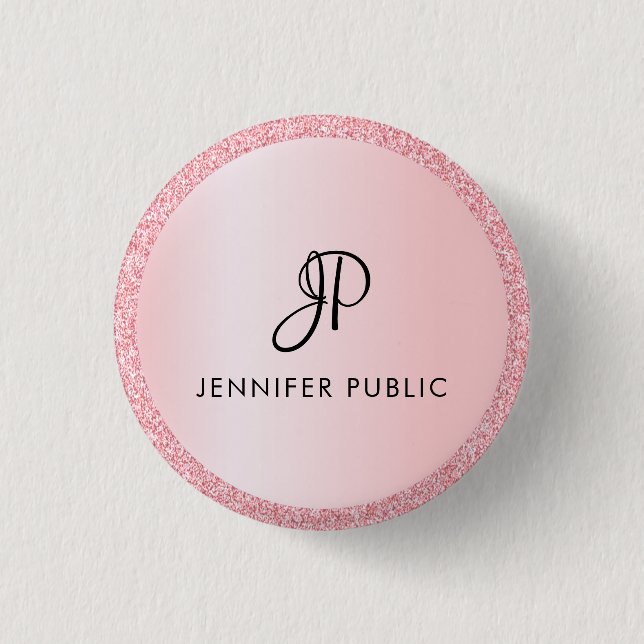 Monogrammed Template Rose Gold Glitter Look Button (Front)