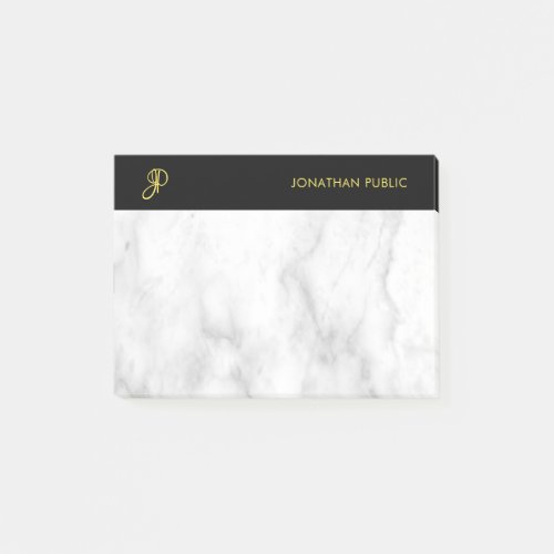 Monogrammed Template White Marble Black Gold Post_it Notes