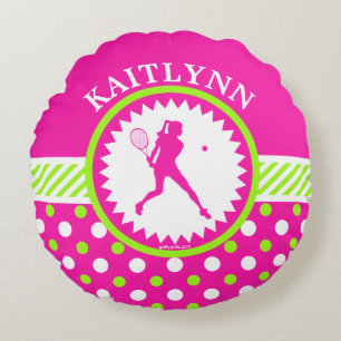 Monogrammed Tennis Pink - Green Polka-Dots Round Pillow