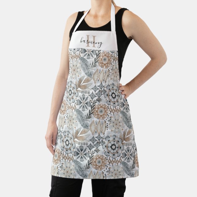 Monogrammed Terracotta Gray Botanical Boho Pattern Apron (Insitu)