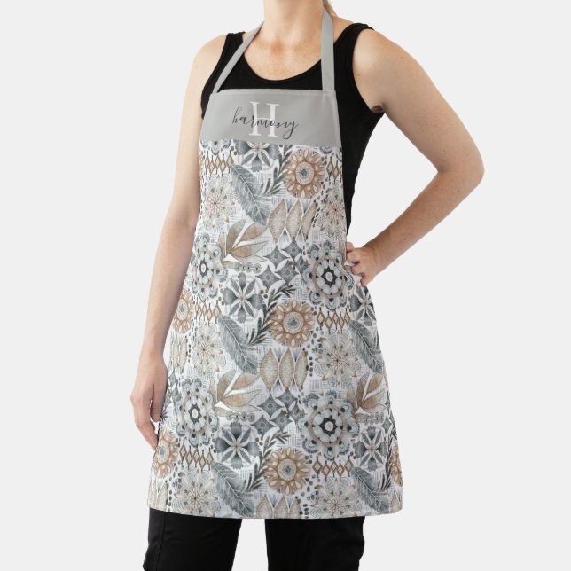 Monogrammed Terracotta Gray Botanical Boho Pattern Apron (Insitu)