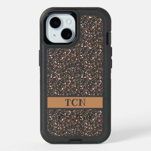 Monogrammed Terrazzo Brown Tan Beige Masculine iPhone 15 Case