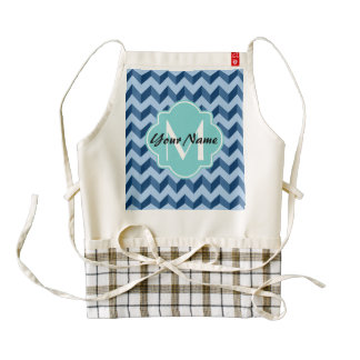 Monogrammed Tiffany and Navy Blue Modern Chevron Zazzle HEART Apron