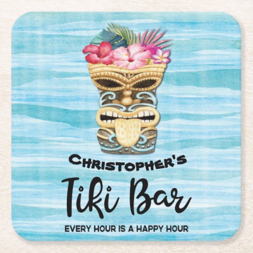 Monogrammed Tiki Bar Party Square Paper Coaster