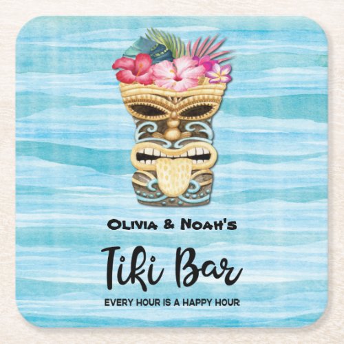 Monogrammed Tiki Bar Party Wedding Engagement Square Paper Coaster