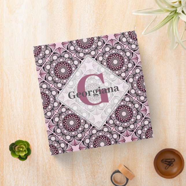 Monogrammed Tile Dusky Rose Cherry Blossom Mandala 3 Ring Binder (In Situ)