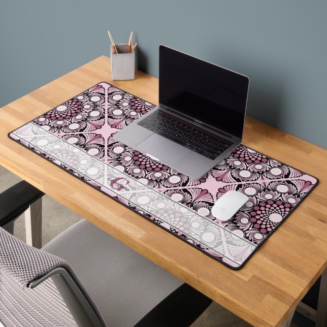 Monogrammed Tile Dusky Rose Cherry Blossom Mandala Desk Mat (Office 2)
