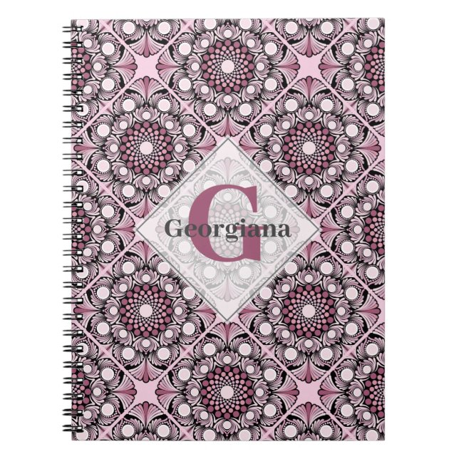 Monogrammed Tile Dusky Rose Cherry Blossom Mandala Notebook (Front)