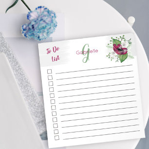 Monogrammed To Do List Magenta Watercolor Floral Notepad