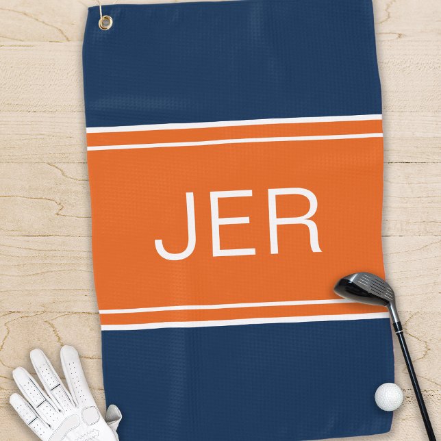Monogrammed Top Golfer Stylish Modern Blue Orange Golf Towel (Creator Uploaded)