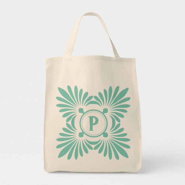 Monogrammed Tote Bags:Aqua Green Floral Pattern (Front)