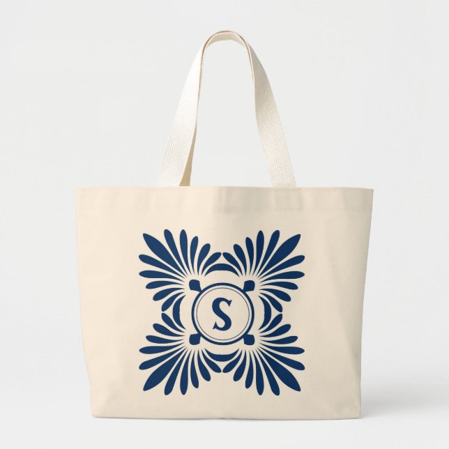 Monogrammed Tote Bags:Blue Floral Pattern (Front)