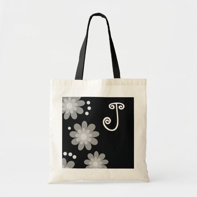 Monogrammed tote bags::Silver Grey Flowers (Front)