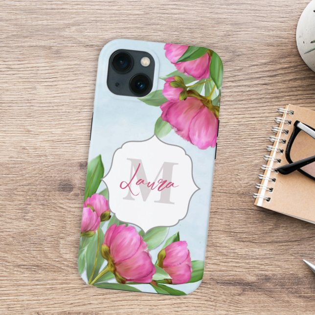 Monogrammed Trendy Floral Peony Flower Elegant Case-Mate iPhone Case (Creator Uploaded)