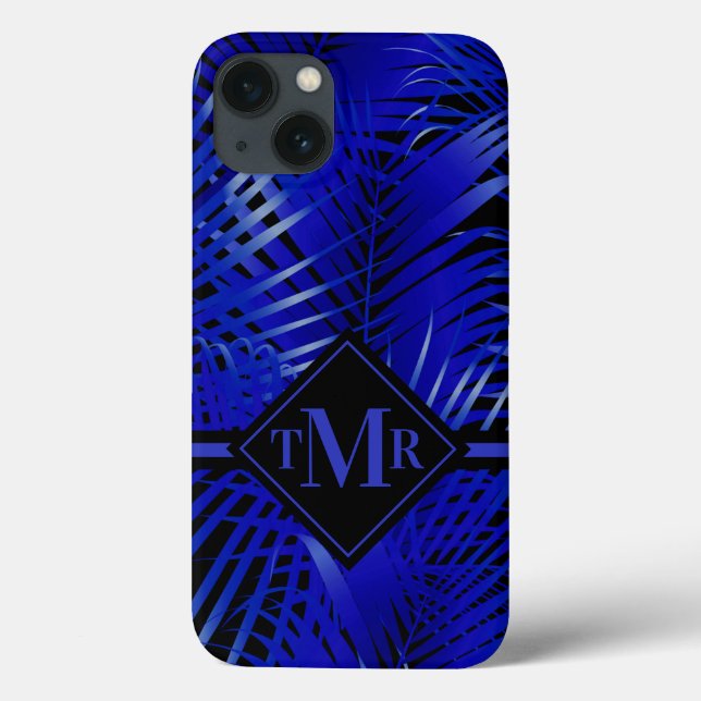 Monogrammed Tropical Blue Palm Case-Mate iPhone Case (Back)