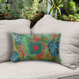 Monogrammed Tropical Floral on Wicker Print Lumbar Pillow