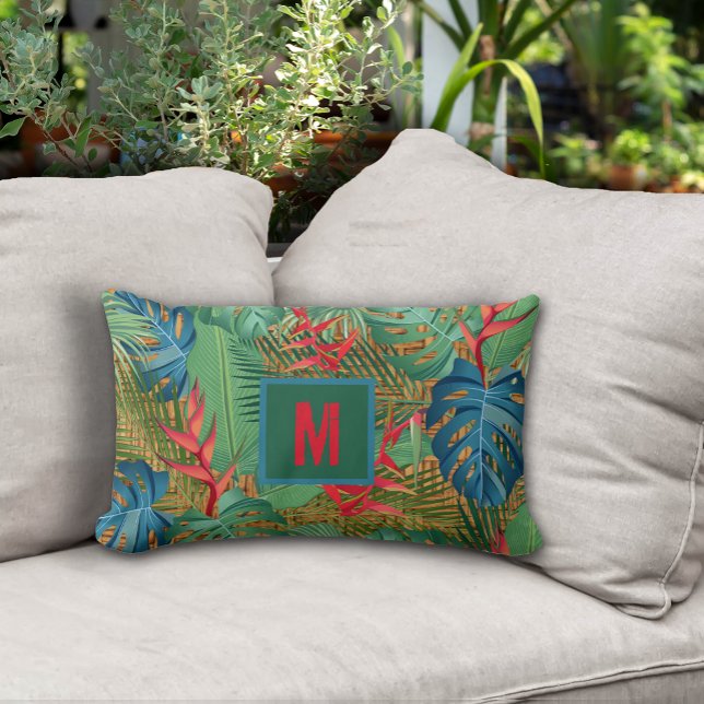 Monogrammed Tropical Floral on Wicker Print Lumbar Pillow (Monogrammed Tropical Floral on Wicker Print Lumbar Pillow - 2 more sizes in our collection)
