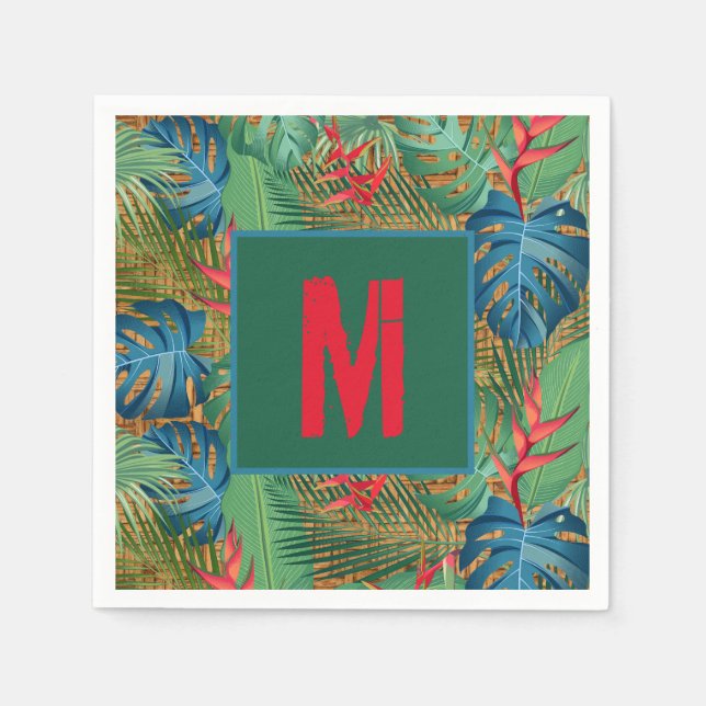 Monogrammed Tropical Floral on Wicker Print Napkins (Front)