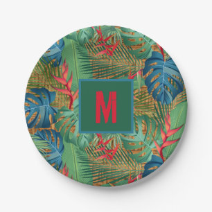 Monogrammed Tropical Floral on Wicker Print Paper Plates