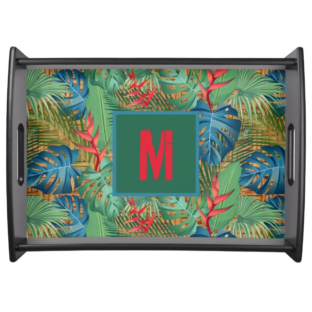 Monogrammed Tropical Floral on Wicker Print Serving Tray (Front)