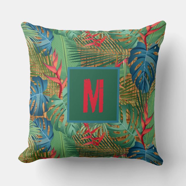 Monogrammed Tropical Floral on Wicker Print Throw Pillow (Front)