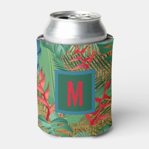 Monogrammed Tropical Flowers on Wicker Print Can Cooler