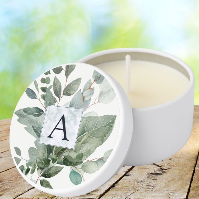 Monogrammed Tropical Green Eucalyptus Wedding Mini Candle Favors (In situ)