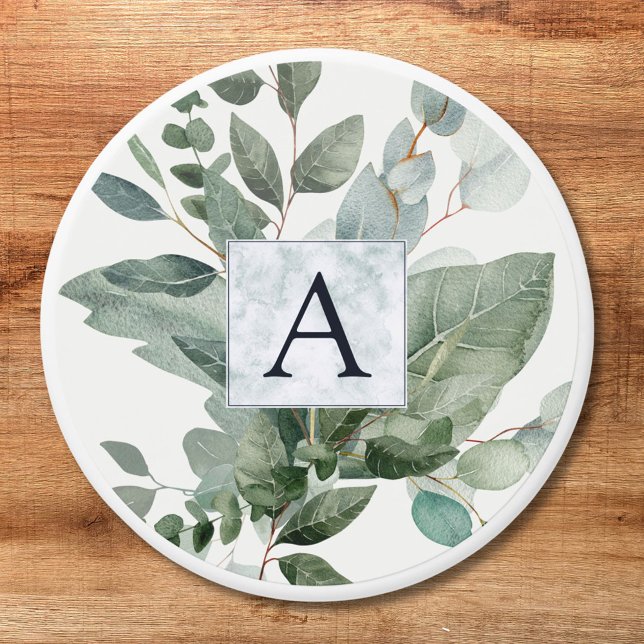 Monogrammed Tropical Green Eucalyptus Wedding Mini Candle Favors (Close up)